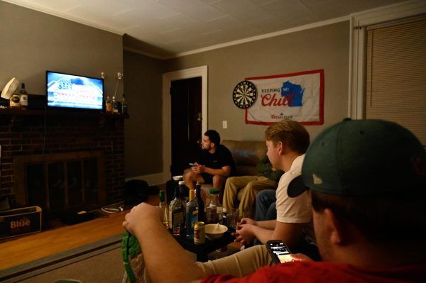 Jess Duch / Advance-Titan -- UWO students gather to watch the Super Bowl last Sunday.