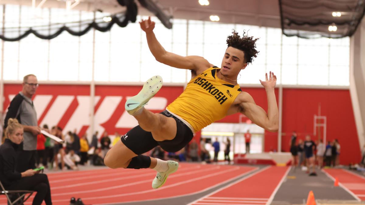 Courtesy of Steve Frommell / UWO Athletics -- UWO's Joshua Rivers leaps for his previous program long jump record he set in 2023 at the Ripon College.