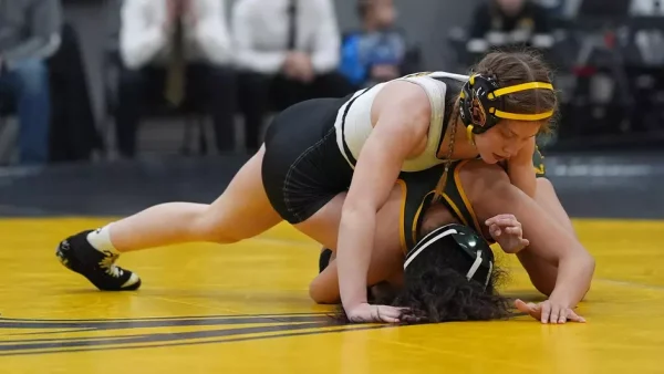 Courtesy of Terri Cole / UWO Athletics -- Annesley Day wrestles in a meet earlier this season at the Kolf Sports Center.