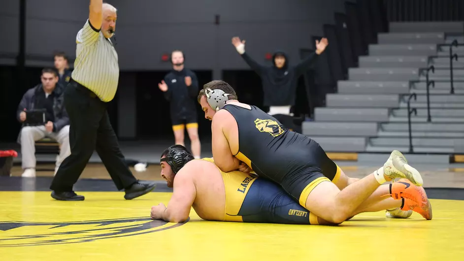 Courtesy of Steve Frommell / UWO Athletics -- Oshkosh's Garth Martell wrestles in a match earlier this season at the Kolf Sports Center.