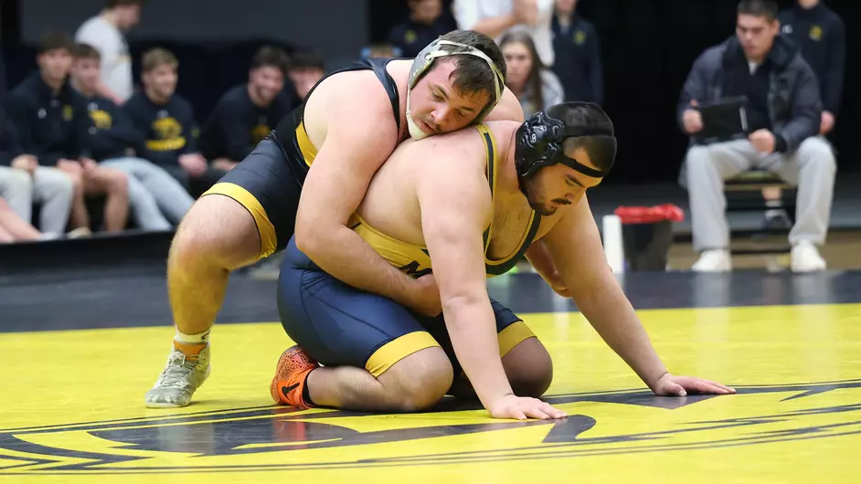 Courtesy of Steve Frommell / UWO Athletics -- UWO's Garth Martell wrestles in a meet earlier this season at the Kolf Sports Center.