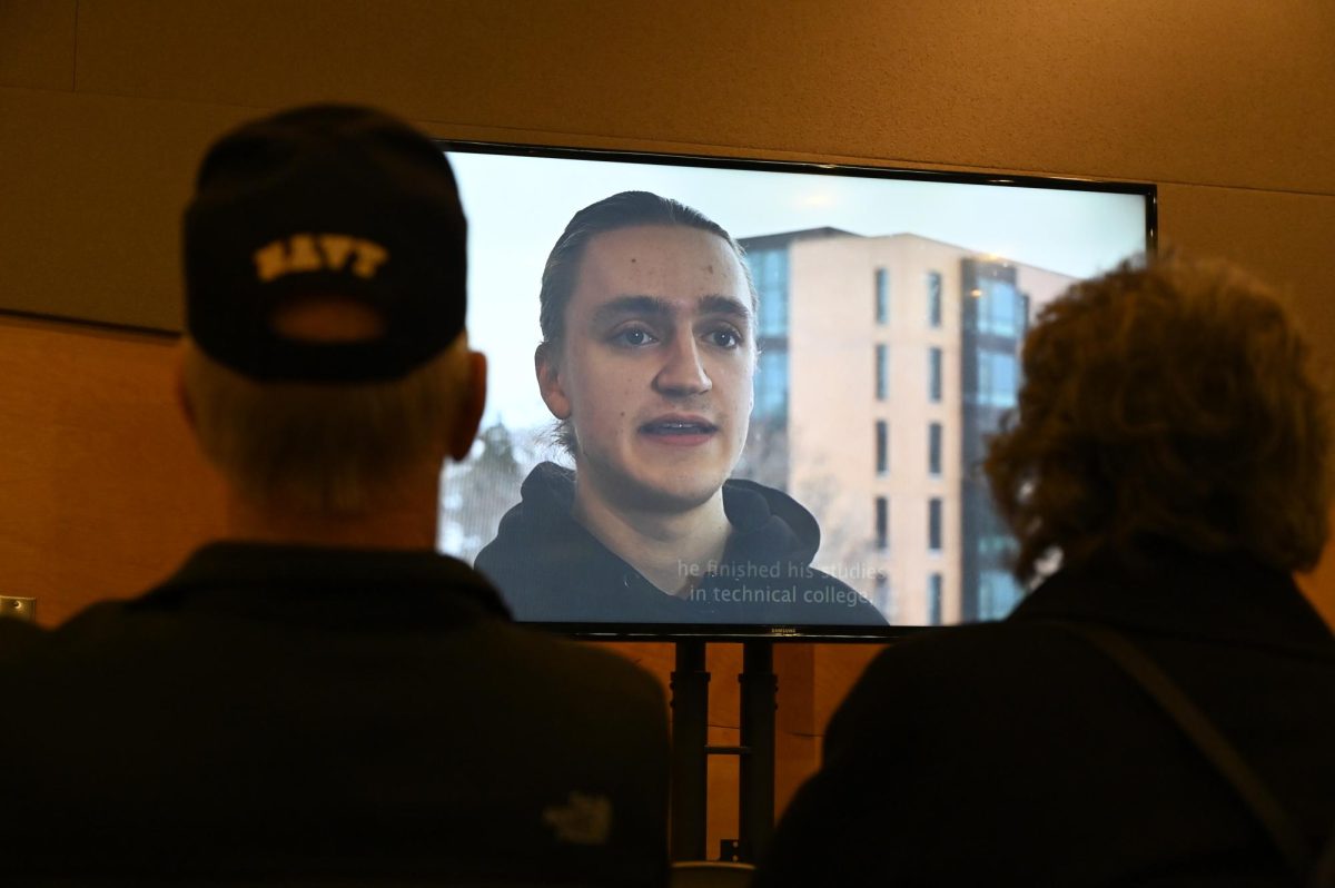 Jess Duch / Advance-Titan -- UWO sophomore Vladyslav Plyaka speaks in a video podcast about the affects of the Russian invasion of Ukraine in Reeve Memorial Union Feb. 26.