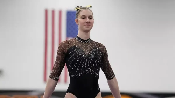 Courtesy of Terri Cole / UWO Athletics -- Lydia Hayden dismounts from the balance beam in a meet earlier this season at the Kolf Sports Center.