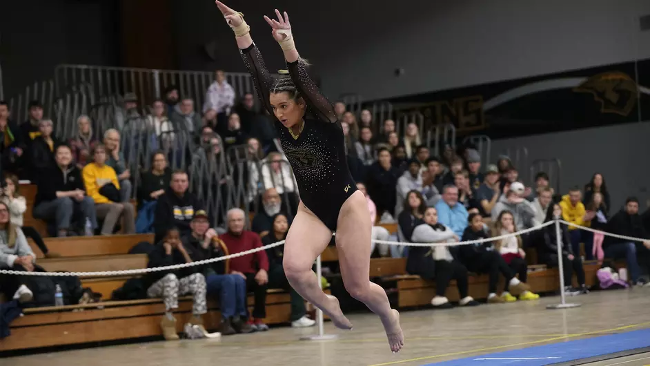 Courtesy of Steve Frommell / UWO Athletics -- UWO's Averie Evans gets ready to perform a routine in the vault exercise at the Kolf Sports Center March 1.
