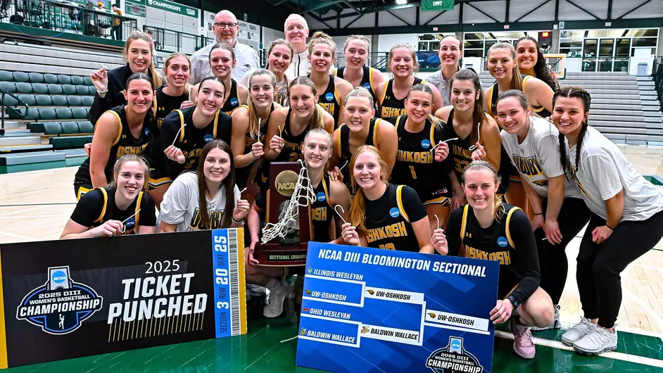 Courtesy of Ashtin Elder -- UWO celebrates advancing to the program's third Final Four after beating Baldwin Wallace 60-53 Saturday night in Bloomington, Illinois.