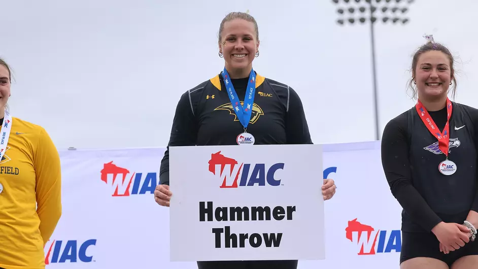 Courtesy of Steve Frommell / UWO Athletics -- UWO's Brenna Masloroff celebrates after winning the hammer throw at the WIAC Championships.