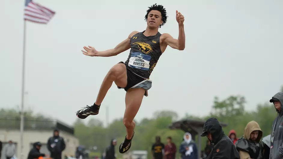 Courtesy of Tori Sines / D3photography.com -- UWO's Joshua Rivers jumps at the NCAA Division III Outdoor Track and Field Championship at the SPIRE Institute in Geneva, Ohio.