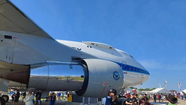 Isaac Pischer / Advance-Titan -- Pratt & Whitney's rare 747SP test bed serves as a focal point to those entering Boeing Plaza during the 72nd annual EAA AirVenture Oshkosh.