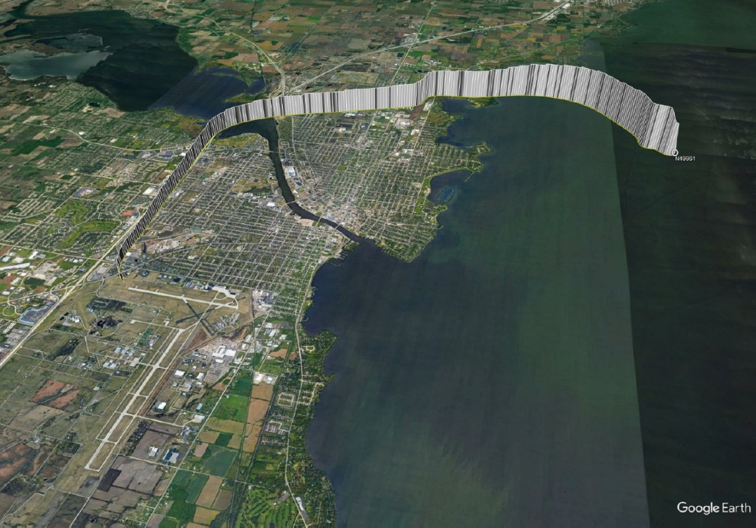 Courtesy of NTSB – The flight path of the warbird that crashed July 29, 2023 in Lake Winnebago which killed a pilot and a passenger during EAA AirVenture.