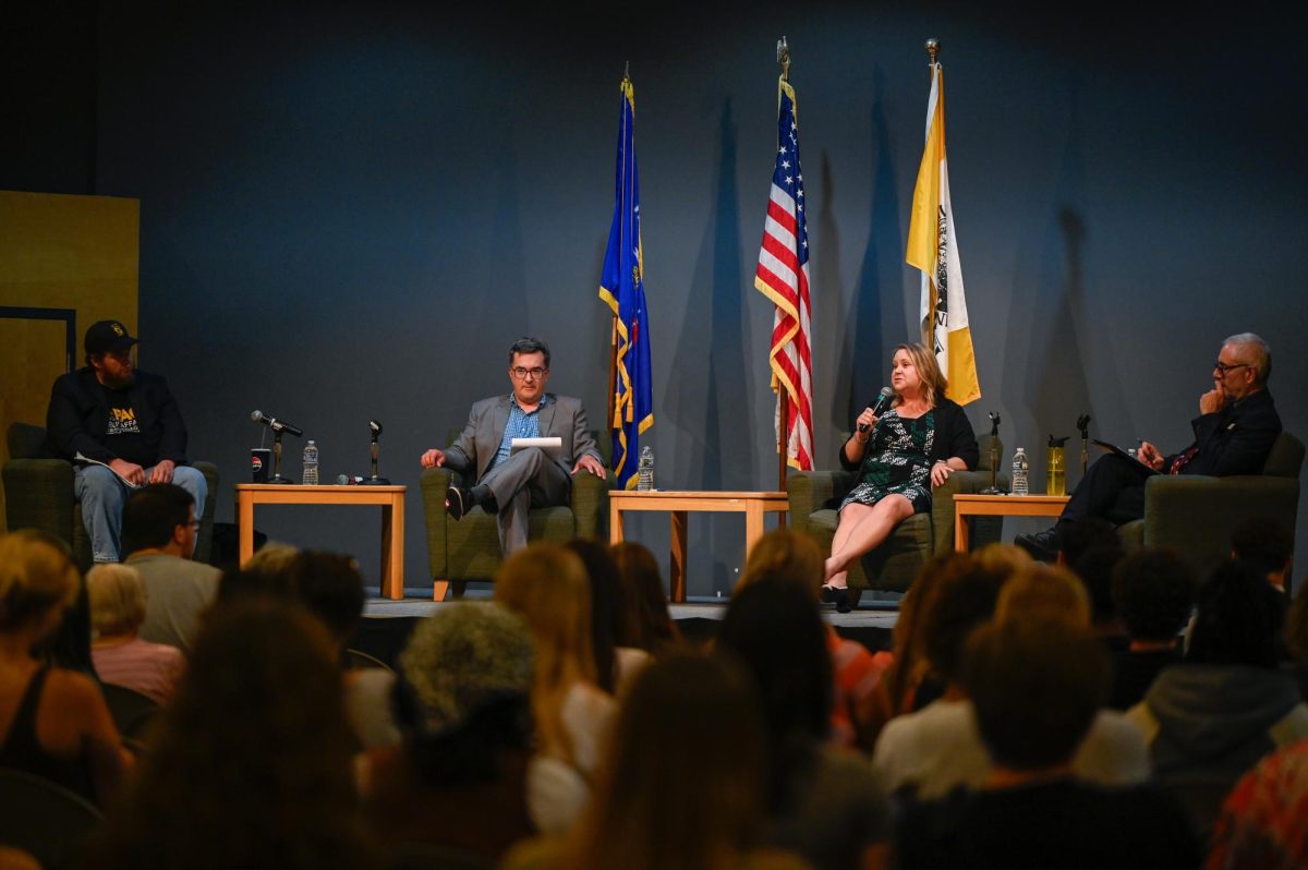 Courtesy of UWO Community Engagement Instagram – (From left to right) Matt Richie, David Seimers, Amber Lusvardi and Tony Palmeri speak to a crowd about the importance of the U.S. Constitution and how it’s currently being challenged Sept. 18 during UWO’s annual Constitution Day event.
