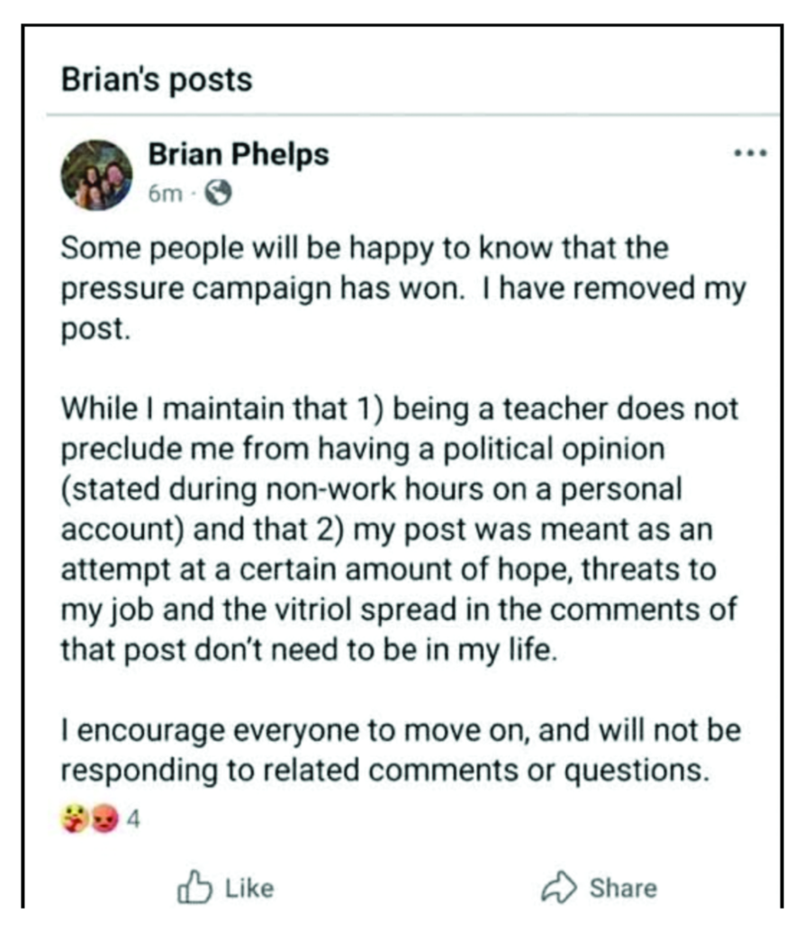 Courtesy of Facebook – Oshkosh West High School teacher Brian Phelps posted in response to backlash after an initial post stating Phelps' thoughts on the Charlie Kirk assassination.