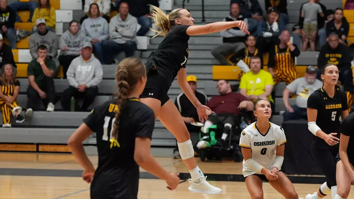 Courtesy of Terri Cole / UWO Athletics.
UWO’s Grace Jurgens (7) attempts a kill in the match against Claremont-Mudd-Scripps on Saturday. Jurgens’ combined 66-points throughout the invitational was a team high.