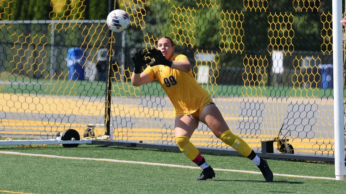 Courtesy of Terri Cole / UWO Athletics – Mallory Kerhin makes the save against the University of Dubuque in the annual 151 Derby.