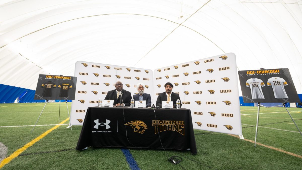 Courtesy of UWO Athletics – New head coach Deante Jefferson (right) sits with UWO Chancellor Manohar Singh (Middle) and Assistant chancellor of Athletics Darryl Sims in an introductory press confrence Monday. 