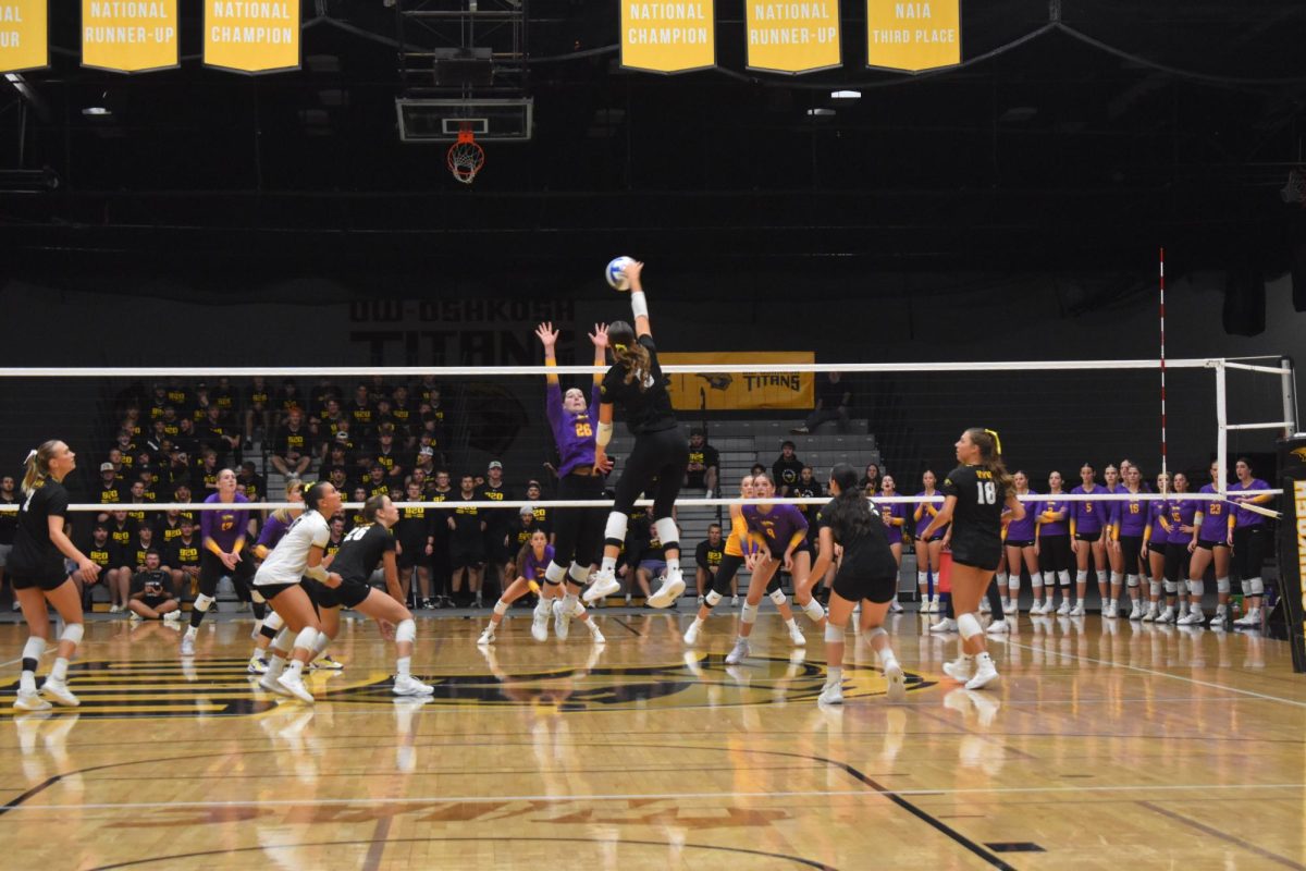 Nolan Andler / Advance-Titan
Sami Perlberg attempts a kill against UW-Stevens Point last week. Perlberg ended the match with 14 kills and lead the Titans to a 3-0 sweep.