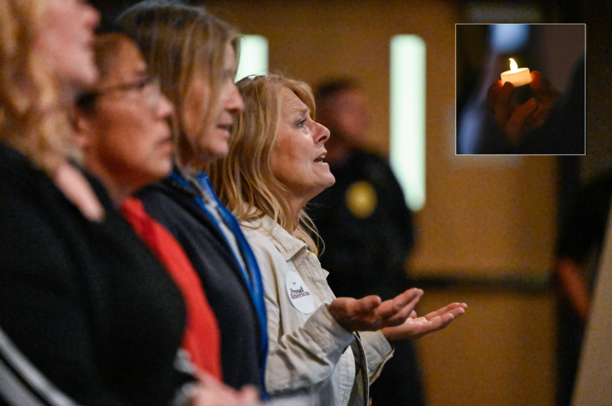 Jess Duch / Advance-Titan – Shirley Quella, a UWO alumni from Appleton, sings along to “Holy Forever” during the Charlie Kirk prayer vigil. Attendees later lit flameless candles (inset) during the closing worship song.