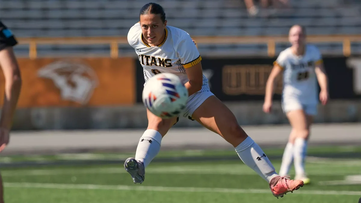 Courtesy of Terri Cole / UWO Athletics – Arianna Gonzalez takes a shot against St. Norbert College. Gonzalez scored the lone goal in the contest to lead UWO to victory.