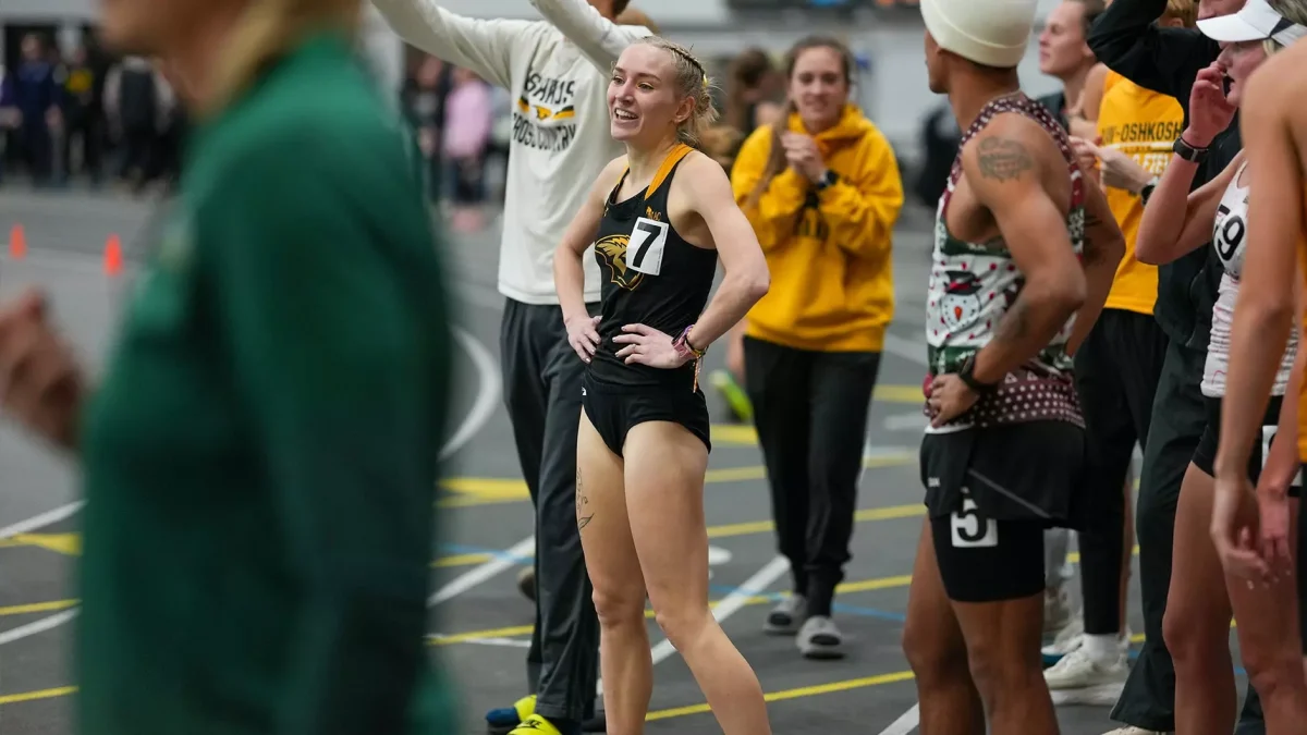 Courtesy of Terri Cole / UWO Athletics -- Senior Amelia Lehman catches her breath after running a 9:28.14 in the women’s 3000-meter run Jan. 30, beating Christy Cazzola’s UWO record.
