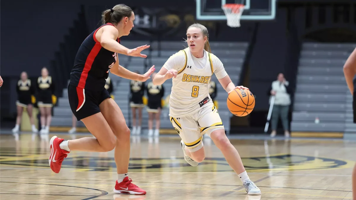 Courtesy of Steve Frommell / UWO Athletics -- Sammi Beyer drives against the UW-River Falls defender Feb. 7.
