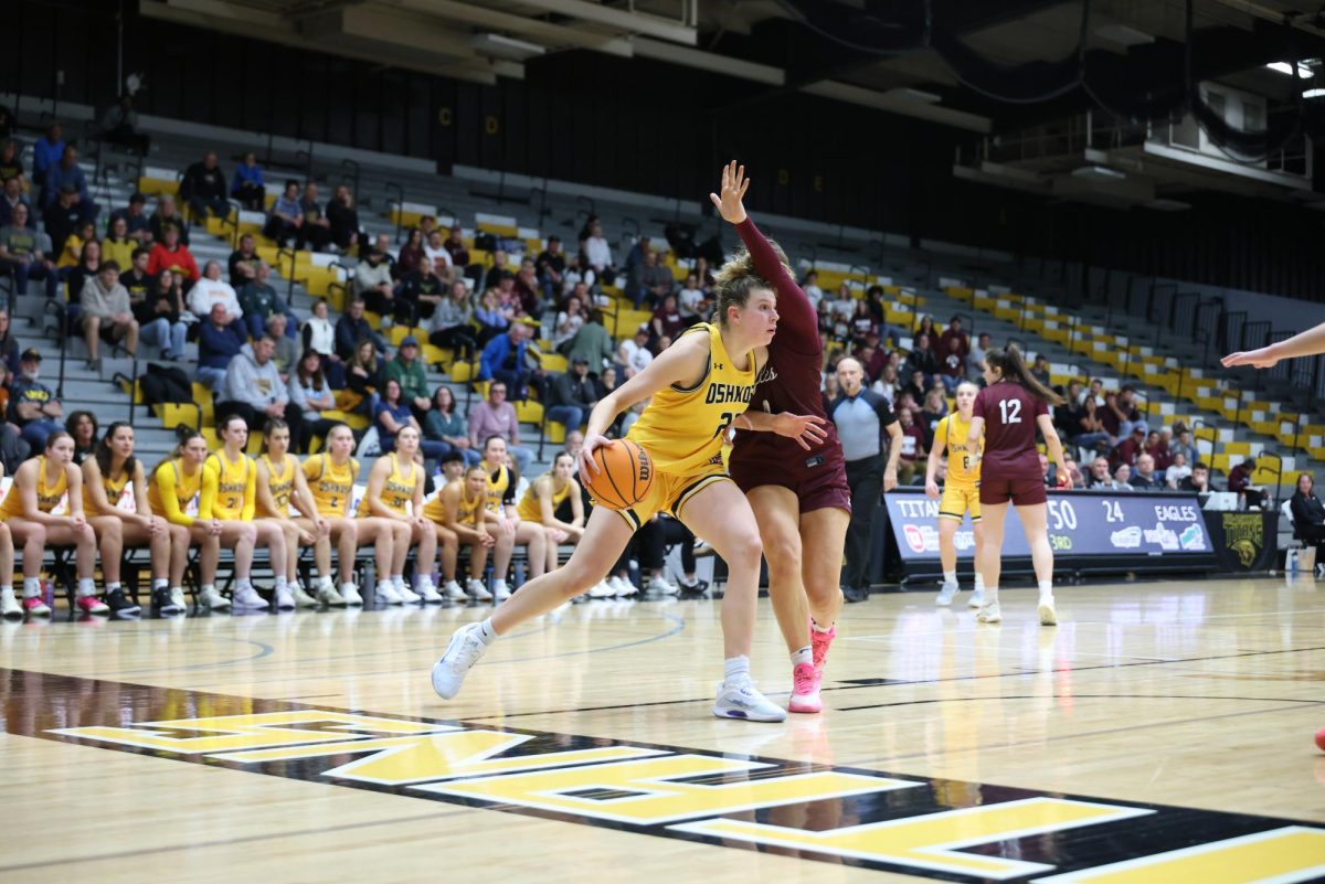 Courtesy of Steve Frommell / UWO Athletics – Paige Seckar drives to the hoop in the WIAC Tournament Championship game against UW-La Crosse on Feb. 27. Seckar ended the night with 12 points.