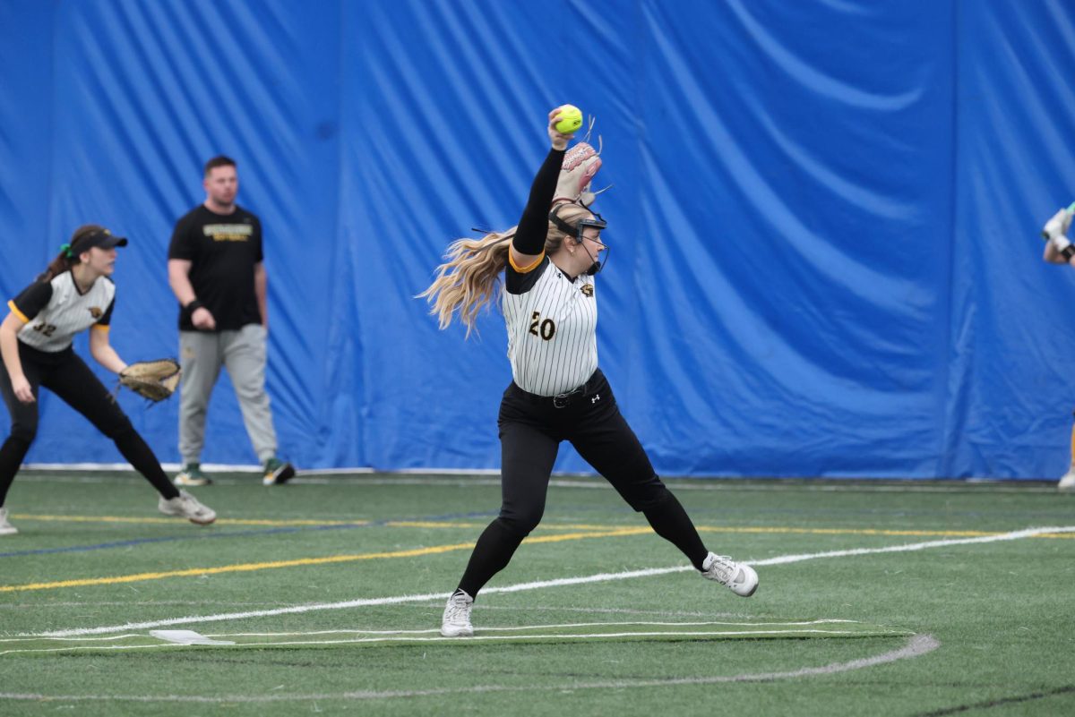 Courtesy of Steve Frommell / UWO Athletics – Grace Nardi pitches during game one of UWO’s doubleheader against St. Norbert College on March 7.