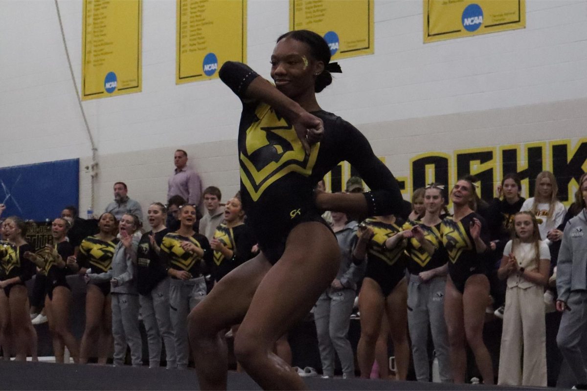 Katie Lechton / Advance-Titan
Reanna McGibboney performs her floor routine during UWO’s home duel against Hamline University (Minnesota) on Jan. 15.