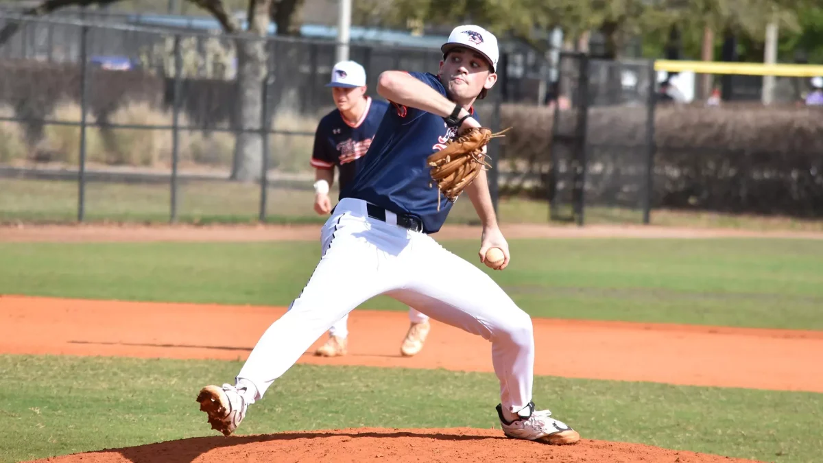 Courtesy of  Jennifer Zuberbier / UWO Athletics - Joe Richardson prepares to throw a pitch during UWO’s game against Mount Union on March 8. Richardson allowed one hit and three walks across four innings, and struck out eight batters.