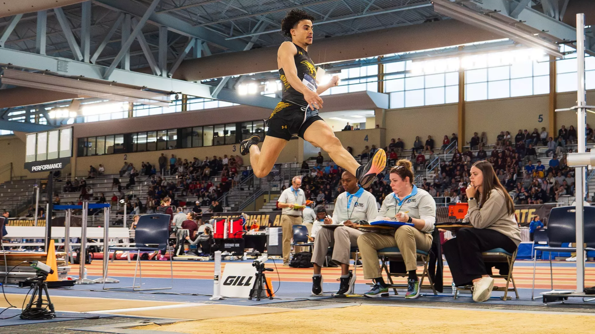 Courtesy of UWO Athletics -- 
Joshua Rivers competes in the long jump at the NCAA Division III Indoor Championships on March 13 in Brimingham, Alabama.