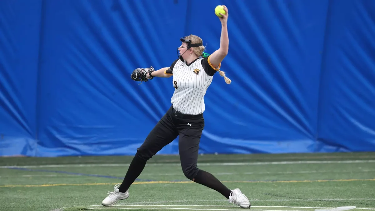 Courtesy of Steve Frommell / UWO Athletics - Kiran Sanford pitches during game two of UWO’s doubleheader against St. Norbert College on March 7. Sanford pitched all seven innings and struck out 18.