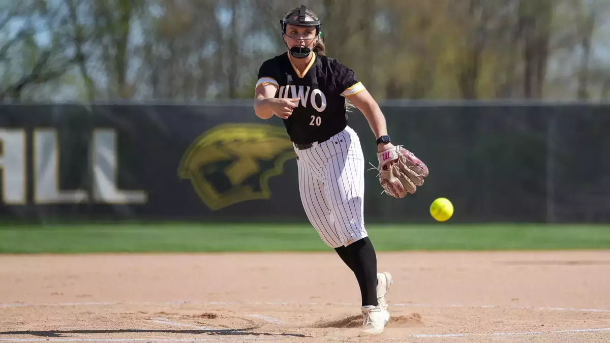Courtesy of Terri Cole / UWO Athletics - Grace Nardi throwing a pitch on Sunday, April 26 in her no-hit performance against the UW-River Falls Falcons.
