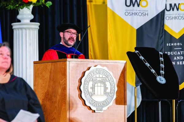 Courtesy of UWO Flickr -- 
 Ed Martini speaks at the inauguration of Manohar Singh, held in the Kolf Center on April 24.